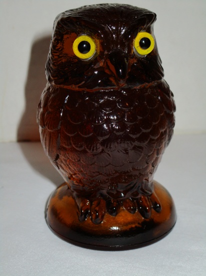 Amber Pressed Molded Glass Owl - 3.5"