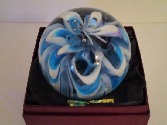 Dynasty Galleries Heirloom Collection Art Glass Paper Weight - Blue & White Swirl Pattern - 3.5"