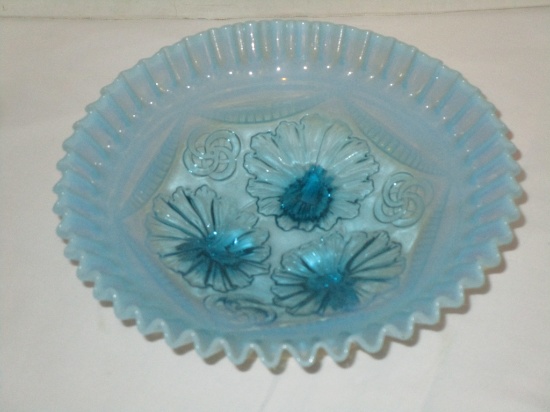 Jefferson Glass Blue Opalescent Ruffles & Rings Footed Bowl