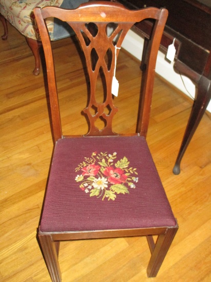 Mahogany Side Chair w/ Pierced Slat Back & Needlepoint Floral Designed seat