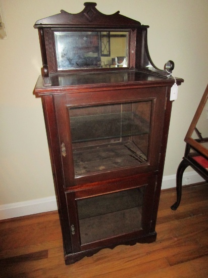 Vintage Mahogany Display Cabinet - Beveled Mirror Back, Glass Panel Doors,