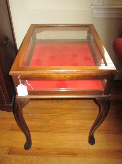 Mixed Wood Glass Top Display Table w/ Hinged Lid on Queen Anne Style Legs
