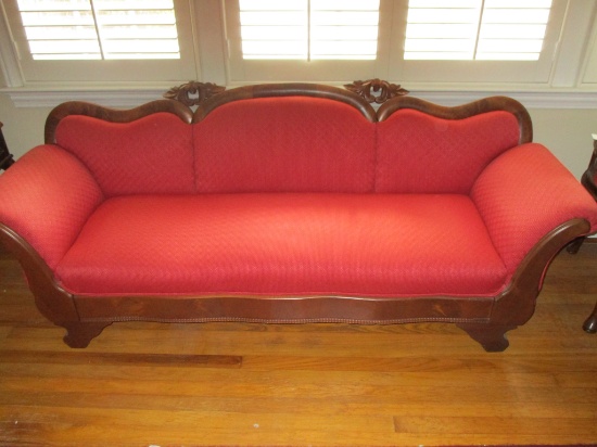 Victorian Era Sofa w/ Burled Walnut Trim, Carved Accents & Rolled Arms