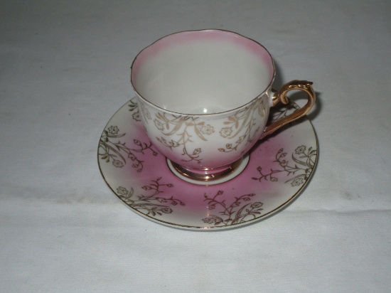 Porcelain Cup & Saucer - Pink & White w/ Gilt Accent