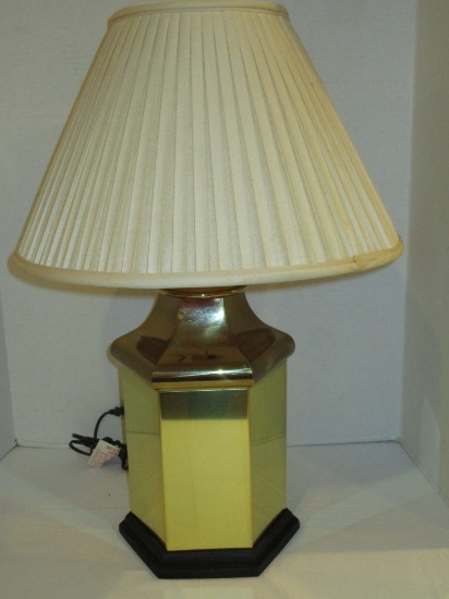 Pair - 26" Tall Brass Table Lamps on Wood Base w/ Shade