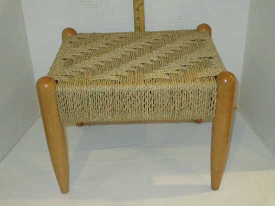 Small Wooden Footstool w/ Woven Hemp Seat