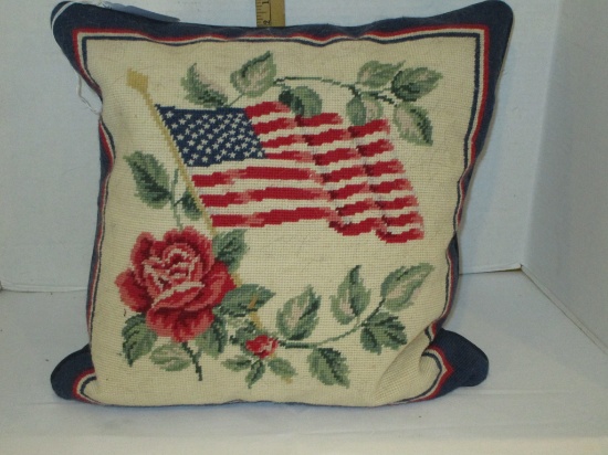 Needlepoint Pillow w/ Rose  & American flag