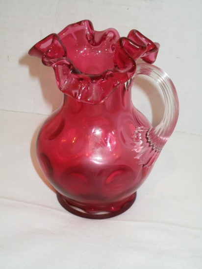 Cranberry Glass Pitcher w/ Applied Clear Stretch Glass Handle