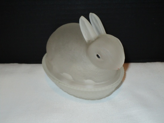 Satin Glass Rabbit on Nest - Original Label Robert N. Matlack Unusual Gifts & Greeting Cards