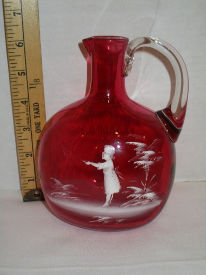 Mary Gregory Cranberry Glass Decanter w/ Applied Handle - "Liqueur Surfine P. Bardinet Limoges"