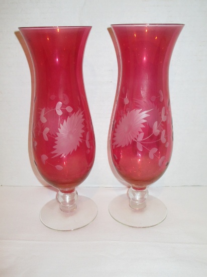 Pair - Cranberry Etched Glass Vases w/ Floral Design & Clear Footed Base