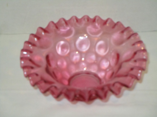 Fenton Cranberry Glass Bowl w/ Ruffled Edge - Not Marked