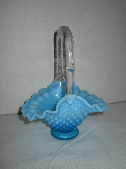 Fenton Blue Opalescent Hobnail Basket w/ Clear Applied Handle