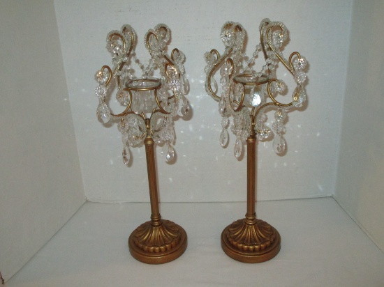 Pair - Gilt Painted Resin Tea light Candle Holders w/ Crystal Prisms