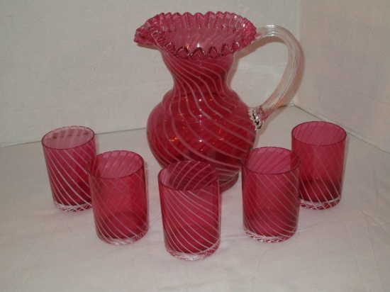 Fenton Cranberry Swirl Water Pitcher w/ Applied Stretch Glass Handle & 5 Matching Glasses