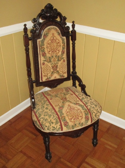 Victorian Era Ladies Walnut Parlor Chair - Heavily Carved w/ Upholstered Seat & Back Rest