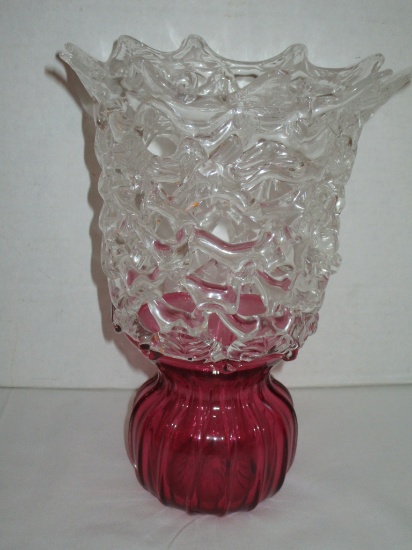 Rossi Glass Handmade Vase - Cranberry Base w/ Clear Pierced Sides - Original Paper Label