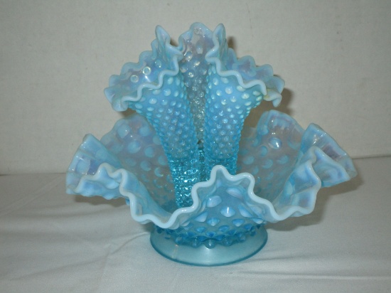 Fenton Blue Opalescent Hobnail Epergne w/ 3 Lilies