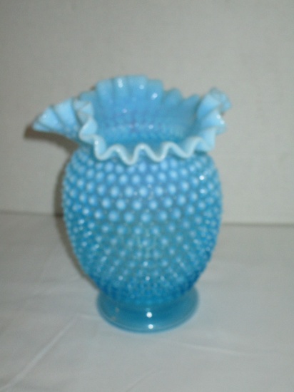 Fenton Blue Opalescent Hobnail Vase w/ Ruffled Edge