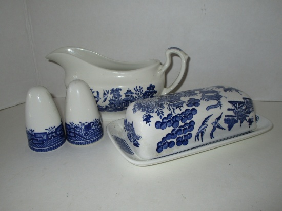 Lot - Blue Willow China Pcs. By Churchill - Gravy Boat, Salt & Pepper & Covered Butter Dish