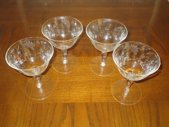 Lot - 4 Floral Etched Tall Sherbets