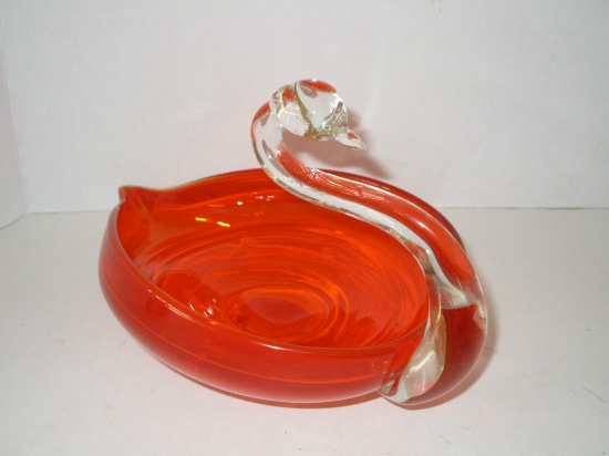 Stunning Art Glass Swan - Bold Orange Bowl w/ Applied Clear Graceful Neck
