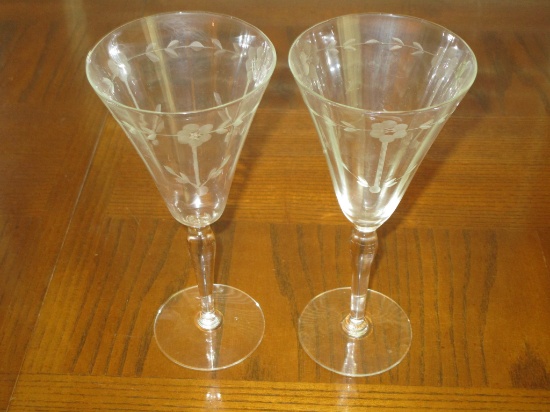 Pair - Etched Crystal Wine Glasses w/ Floral Pattern