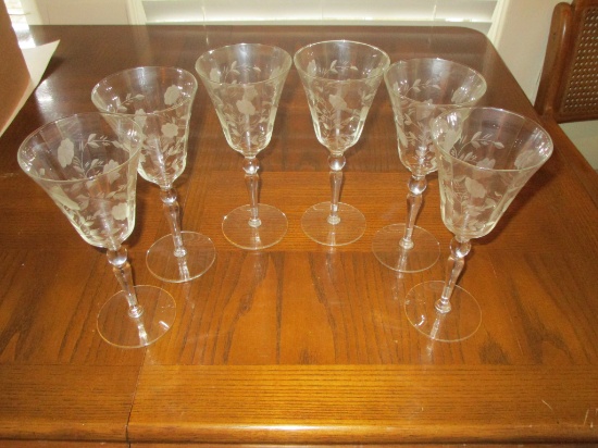 Lot - 6 Etched Crystal Wine Glasses