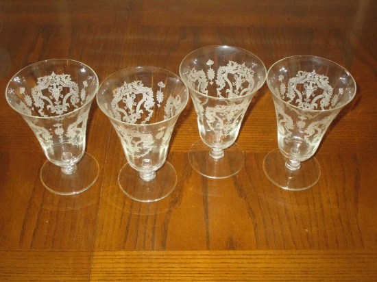 Lot - 4 Elegant Etched Crystal Footed Water Glasses