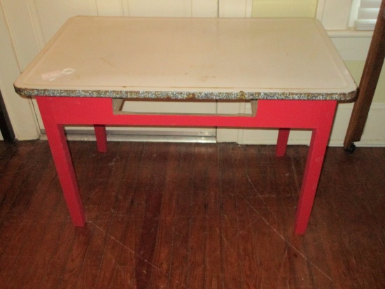 Mid Century Mod Enamel Top Kitchen Table w/ Painted Red Wooden Base