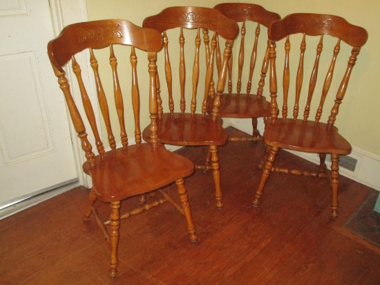 4 Oak Spindle Back Dining Chairs w/ Pressed Floral Leaf Design