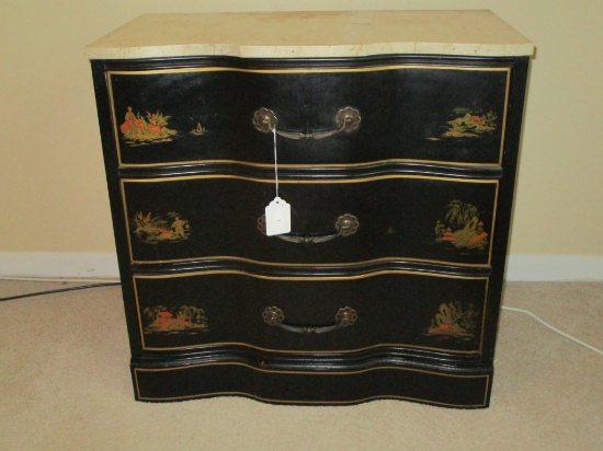 Lacquered Chest w/ Marble Top - Hand Painted Oriental Design w/ Brass Hardware