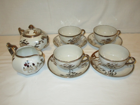 11 Pieces Hand Painted China Pieces - Silver on Porcelain - 4 Cups & Saucers, Cream & Sugar
