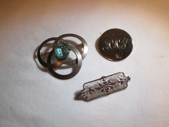 Lot 3 Pins - 1 Sterling, 1 w/ Blue Topaz Stone