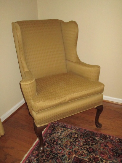 Wing Back Chair w/ Gold Upholstery & Mahogany Queen Anne Legs