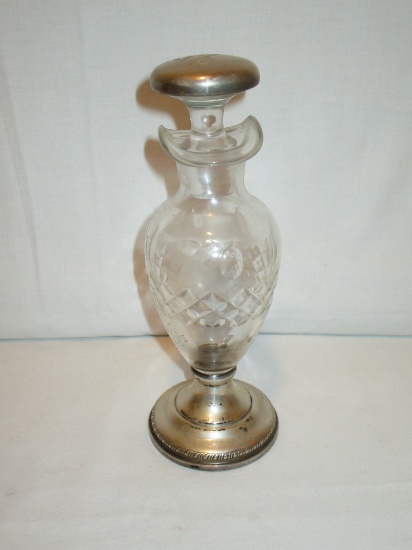 Glass Etched Cruet w/ Glass & Sterling Stopper & Sterling Weighted Base