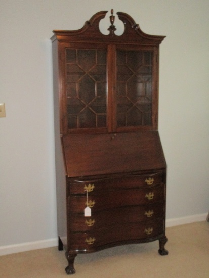 Serpentine Front Drop Front Mahogany Secretary w/ Arched Pediment, Traditional Hardware
