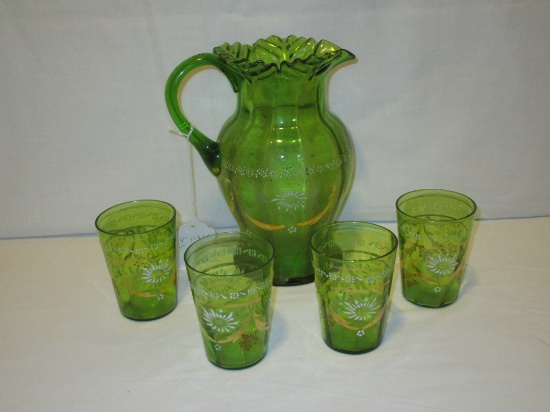 Fenton Water Set w/ 4 Glasses - Green w/ Enameled Floral Accents