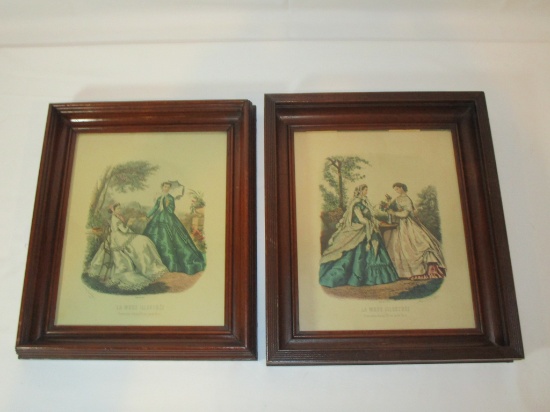 Pair - Walnut Framed Paris Fashion Prints