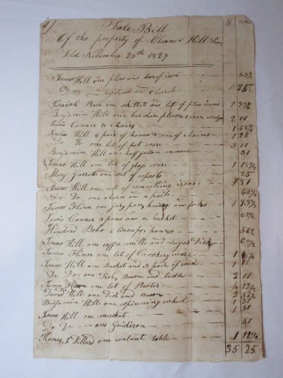 Original Nov 25, 1829 "Sale Bill" of The Property of Eleanor Hill - A Piece of History