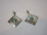 Pair - Square Sterling Earrings w/ Turquoise Stone - Marked H. Wood - Sterling
