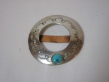 Ladies Etched Sterling Belt Buckle w/ Turquoise Stone - Marked HIJEL - Sterling
