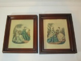 Pair - Walnut Framed Paris Fashion Prints