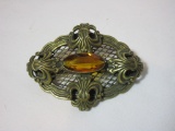 Vintage Brass Brooch w/ Amber Stone - 2 1/2