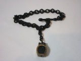 Victorian Ladies Woven Cloth Fob w/ Horseshoe Shaped Pill Box - Black Cameo on 1 side & stone on 1