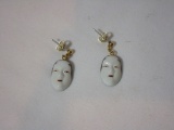 Early Japanese Hand Painted Porcelain Drop Pendant Earrings