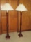 Pair Turned Column Mahogany Floor Lamps, with Cloth Shades & Brass Finials