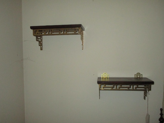 Pair Brass & Wood Chippendale Style Wall Shelves