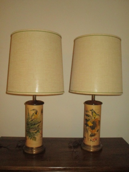 Pair Wood Column Lamps with Wrapped "Singer Bird Prints"