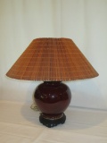 Red Bulbous Table Lamp with Wood Slatted Shade